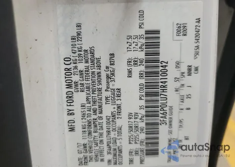 2017 Ford Fusion Se Hybrid из США, поврежденный, VIN 3FA6P0LU7HR410042